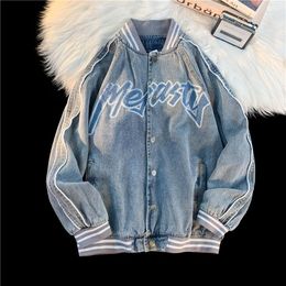 Men's Jackets American Style Embroidered Denim Baseball Uniform Couple Causal High Street Jacket Loose Overcoat Men Top Male Clothes
