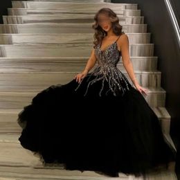 Luxus Dubai Schwarz Abendkleider Sexy Spaghetti Strap 2023 Elegante Perlen Arabisch Lange Formale Kleid Für Frauen Party Prom Kleid
