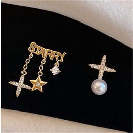 Stud Earrings Korean Crystal Cross Asymmetrical Letter Imitation Pearl Earring For Women Pendientes Mujer Jewelry Gifts