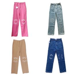 Designer Embroidered Women Denim Pants Fashion Blue Jeans Trousers Vintage Street Style Straight Jeans Charming Pink Khaki Trousers