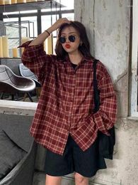 Women's Blouses Jmprs Vintage Women Plaid Shirt Summer Long Sleeve Oversize Harajuku Bf Student Tops Loose Couple Button Up Shirts