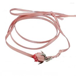 Choker E0BE Pink Rose Flower Collar Necklace Long Ribbon Tie Neck Chain Wedding Jewelry Gift For Women Teens Girls