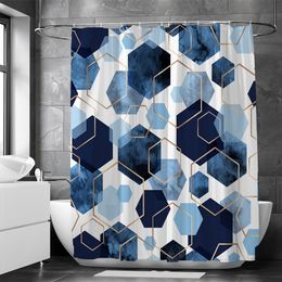 Toothbrush Holders Blue Geometric Hexagonal Shower Curtains Waterproof Fabrics Bathroom Curtain with Hooks 180x200cm Bath Screen Toilet Partition 230809