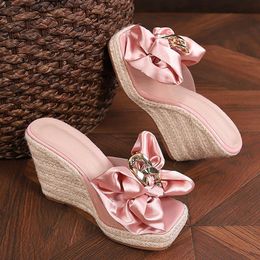 Liyke Wedges Slippers For Women Summer Fashion Pink Butterfly-knot Designer Sandals Platform Heels Size Female Shoes 230808