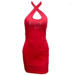 Casual Dresses Women Criss Cross Halter Sleeveless Mini Bodycon Dress Sexy Hollow Out Backless Solid Package Hip Ribbed Knit Clubwear U4LF