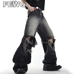 Mens Jeans FEWQ Vintage Men Spliced Micro Flared American Style High Street Wide Leg Straight Denim Pants Summer Clothing 9A8932n 230809