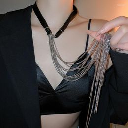 Chains Women Black Pu Leather Fashion Silver Colour Chain Tassel Necklace For Exaggerated Sexy Long Necklaces Wholesale
