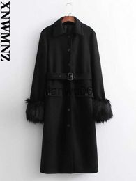 Women's Jackets XNWMNZ women with wool blend fitted coat female vintage Fashion lapel collar faux fur long sleeves Women's coats winter 2021 J230810