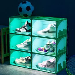 Storage Boxes Bins Shoes Boxes Voice Control LED Sneaker Storage Boxes Magnetic Side Open Shoe Display Case Organizer Clear Plastic Shoe Container 230810
