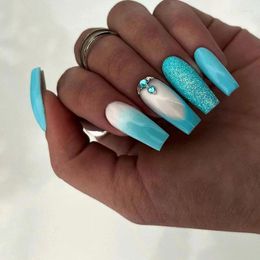 False Nails 24Pcs Glitter Set Long Ballet Blue French Press On Coffin With Rhinestone Wearable Fake Nail Tips