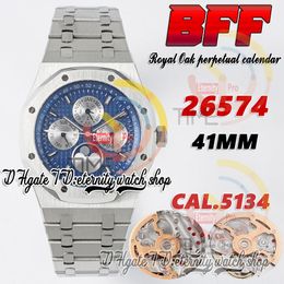 BFF kf26574 Complicated Function Cal.5134 A5134 Automatic Mens Watch 41mm Moon Phase Blue Textured Dial Stick Markers Stainless Steel Bracelet eternity Watches