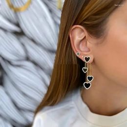 Dangle Earrings Fashion Small Black Enamel Heart Shape Long Tassel Earring Gold Plated Women Girl Micro Pave Cubic Zircon Classic Jewellery