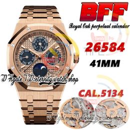 BFF bf26584 Complicated Function Cal.5134 A5134 Automatic Mens Watch 41mm Moon Phase Rose Gold Textured Dial Stick Markers Stainless Bracelet eternity Watches