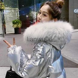 Women's Jackets Silver Glossy Down Jacket Women's Short 2023 New Winter Thicken Sequins White duck down Coat Female Warm Hooded Parkas Outwear J230810