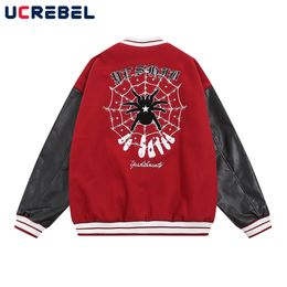 Mens Jackets Spider Web Towel Embroidery Baseball Uniform Casual Preppy Style Sleeve PU Stadium Jacket Men Outerwear 230809
