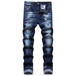 Men's Jeans Fashion Splash Colour Digital Print Straight Pants Slim Fit Man Stretch Denim Trousers Patch Pocket Holes Blue