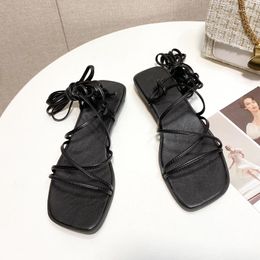 Sandals Vintage Open-toe Lace-up Sexy Comfortable Simple For Women 2023 Summer Student Square Roman Women's Shoes