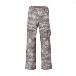 Men's Jeans Front Big Pockets Ink Painted Camouflage Cargo Pants Patchwork Baggy Y2K Overalls Oversized Casual Unisex Trousers