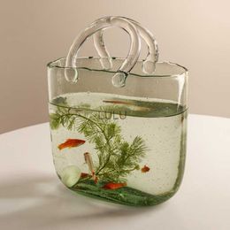 Glass Vase Handheld Basket Bag Decoration for Living Room Floral Arrangements Creative Fish Tank Home Decor Nordic StyleTabletop HKD230823