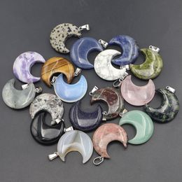 Natural Crystal Stone Crescent Moon Pendant Opal Aventurine Rose Quartz Agate Charms for Necklaces Jewellery Making