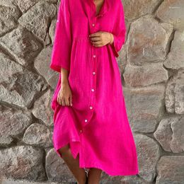 Casual Dresses Women's Pink Long Cotton Shirt Dress Button Loose Beach Party 2023 Female High-end Linen Pullover