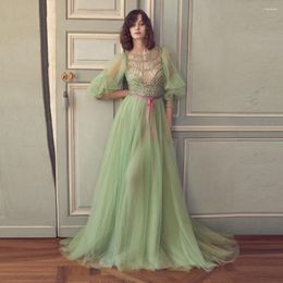 Casual Dresses Elegant Mint Green Beaded Crystal Tulle Formal Event Party Illusion Full Sleeves A-line Long Gowns