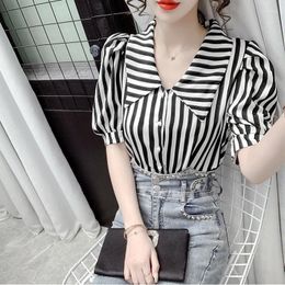 Women's Blouses Fashion Striped Blusas Women Shirts Vintage Puff Sleeve Woman Casual Clothes Korean Tunic Tops 2023 Mujer De Moda
