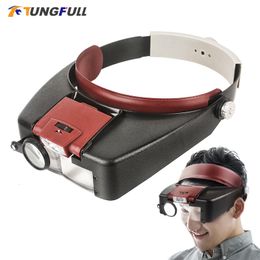 Magnifying Glasses 10X Headband Magnifier Glasses Helmet Style Loupe Lens LED Lights Loupe Microscope For Repairing Watch Jewellery Reading 230809