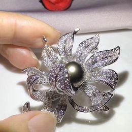 Pins Brooches MeibaPJ 12mm Big Natural Black Pearl Flower Brooch Fashion Sweater Jewellery for Women 230809