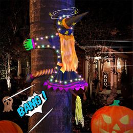 Other Event Party Supplies 2 Modes Halloween Crashing Witch into Tree Decoration Halloween Light Up Hanging Decorations with Glowing Luminous Warning Sign 230809