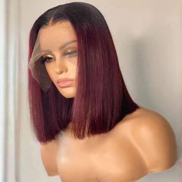 13x6 Brazilian Bone 13x4 Lace Frontal Wigs for Women 1B/99J Highlight Human Hair Straight Short Bob Wig