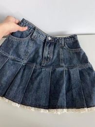 Skirts Y2K Vintage Women Korean Pleated Blue Casual Short Denim Mini Skirts Aesthetic Grunge High Waist Jeans A-line Skirt Alt Clothes 230809