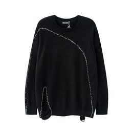 Men s Sweaters Solid Colour White Black Thread Lace Up Front Split Hole Ripped Sweater Crew Neck Retro Streetwear Oversized Loose 230809