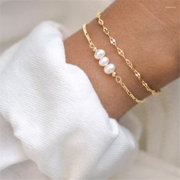 Strand ALLME High Quality Freshwater Pearl Charm Bracelets For Women 18K Gold Plated Stainless Steel Figaro Chain Beaded Bracelet