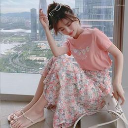 Two Piece Dress 2023 Summer Girls Sweet Daisy T-shirt Skirts Sets Women Leisure Print Floral Clothing Student Fashion Pink Slimming Dresses