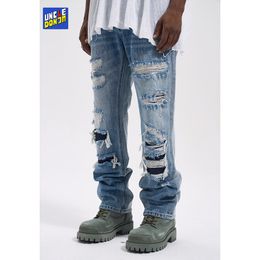 Mens Jeans Washed vintage jeans patchwork damaged denim loose casual men distressed ripped y2k for 230809