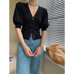 Women's Sweaters Korea Version Slim Quality French Pinched Waist V-neck Puff Sleeve Knit Spring Summer Cardigans Shirt Tops