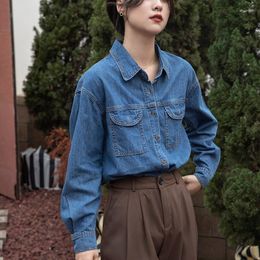 Women's Blouses Spring Autumn Simple Fashion England Style Button Loose Vintage Women Denim Long Sleeve Shirts Tops Z133