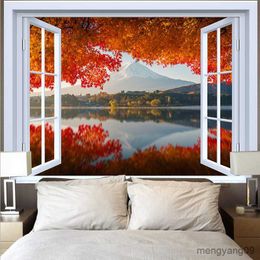 Tapestries Landscape Outside The Window Tapestry 3D Mountain Lake Sunset Natural Scenery Wall Hanging Aesthetic Room Decor Background Cloth R230810