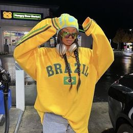 Womens Hoodies Sweatshirts Yellow Flag Brazil Letter Print Hoodie Women Y2k High Street Loose Oversized Pullover Fashion Harajuku Jacket Clothes 230809