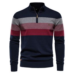 Mens Sweaters AIOPESON Patchwork Pullover Sweater Cotton Casual Zipper Mock Neck for Men Winter Fashion Warm 230809