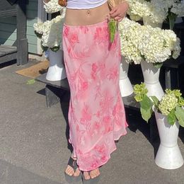 Skirts y2k Bohemian Pink Floral Mid-Claf Skirts Kawaii Low Waisted Frill Straight Skirts Chic Women Fairy Grunge Holiday Streetwear 230810