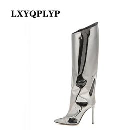 Boots Thigh High Candy Color Mirror Leather Women Knee Heels Stilettos Runway Shoes for Heel 230809