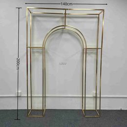 2M Shiny Gold Square Screen Tridimensional Frame Metal Shelf Wedding Backdrop Decor Geometric Flower Stand Party Stage Arch Prop HKD230823