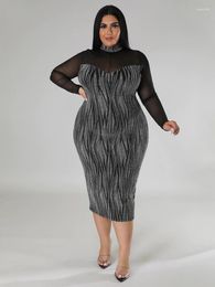 Plus Size Dresses Shiny Tulle High Neck Sexy See Through Long Sleeve Slim Women's Outfits For Ladies Evening Party Gowns 4XL