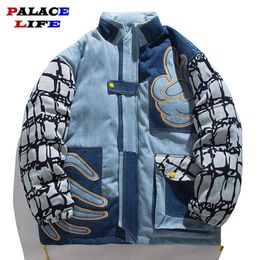 Men's Down Parkas Japanese Streetwear Denim Parkas Jacket Men Vintage Patchwork Embroidery Jacket Couple Winter Harajuku Cotton Outwear 230809