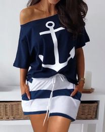 Women s Two Piece Pants Boat Anchor Print Top Striped Drawstring Casual Shorts Sets Summer European American Fashion Set 230809