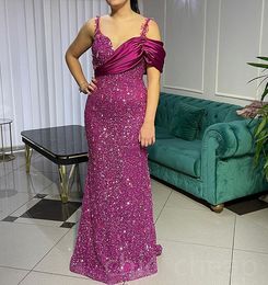 Agosto 2023 Aso Ebi Sereia Fúcsia Vestido de Baile Cristais Lantejoulas Renda Noite Festa Formal Segunda Recepção Aniversário Vestidos de Noivado Vestidos Robe De Soiree es