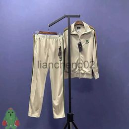 Men's Tracksuits New Jacket Pants Suit Needles Embroidered Butterfly AWGE Side Webbing Striped Khaki Jacket Set J230810