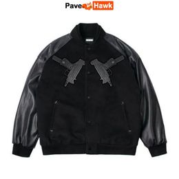 Mens Jackets Hip Hop Baseball Men PU Pistol Patchwork Loose Autumn Winter Bomber Varsity Jacket Black Harajuku High Street Coats 230810